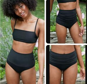Aerie Bikini Bottom S Black Fold Over High Waist Full Coverage Adjustable NWT